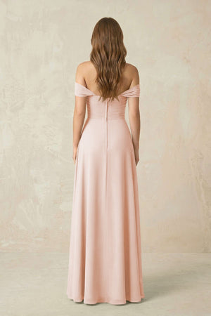 Off - the - Shoulder A - Line Chiffon Pleated Bridesmaid Dress in Pale Blush - SHE IS ME Bridesmaid Dresses
