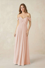 Off - the - Shoulder A - Line Chiffon Pleated Bridesmaid Dress in Pale Blush - KISS BRIDAL Bridesmaid Dresses