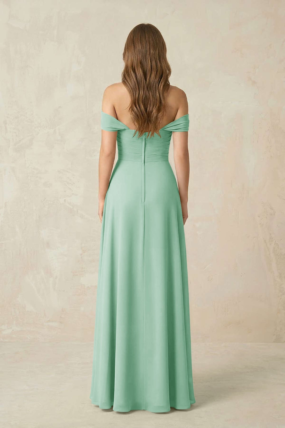 Off - the - Shoulder A - Line Chiffon Pleated Bridesmaid Dress in Pale Pistachio - KISS BRIDAL Bridesmaid Dresses