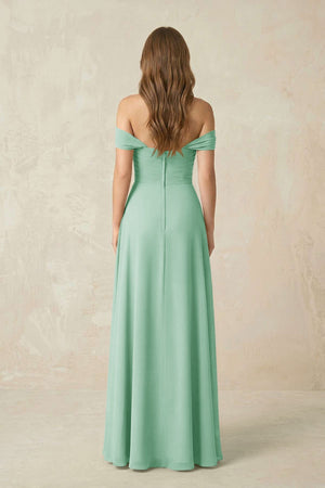 Off - the - Shoulder A - Line Chiffon Pleated Bridesmaid Dress in Pale Pistachio - SHE IS ME Bridesmaid Dresses