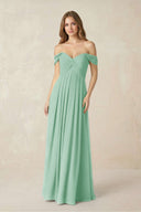 Off - the - Shoulder A - Line Chiffon Pleated Bridesmaid Dress in Pale Pistachio - SHE IS ME Bridesmaid Dresses