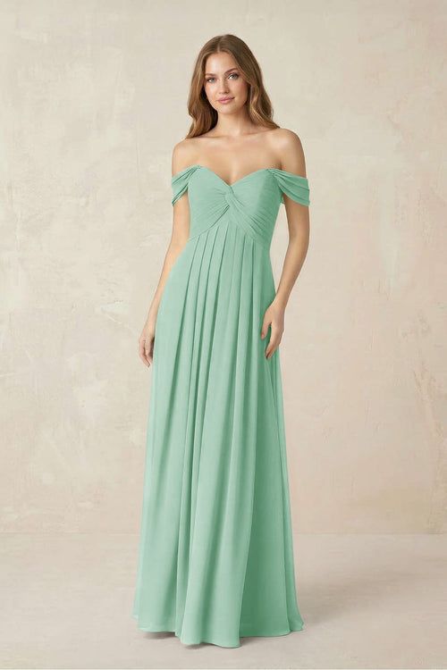 Off - the - Shoulder A - Line Chiffon Pleated Bridesmaid Dress in Pale Pistachio - SHE IS ME Bridesmaid Dresses
