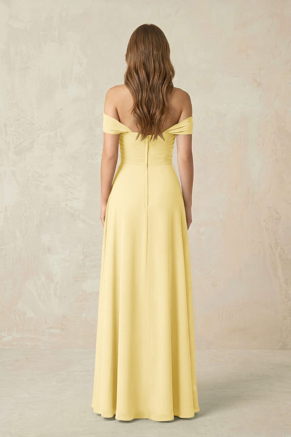 Off - the - Shoulder A - Line Chiffon Pleated Bridesmaid Dress in Pastel Yellow - KISS BRIDAL Bridesmaid Dresses