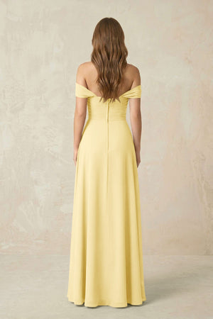 Off - the - Shoulder A - Line Chiffon Pleated Bridesmaid Dress in Pastel Yellow - SHE IS ME Bridesmaid Dresses