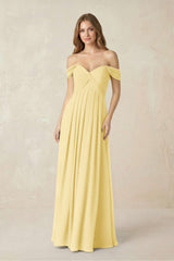 Off - the - Shoulder A - Line Chiffon Pleated Bridesmaid Dress in Pastel Yellow - KISS BRIDAL Bridesmaid Dresses