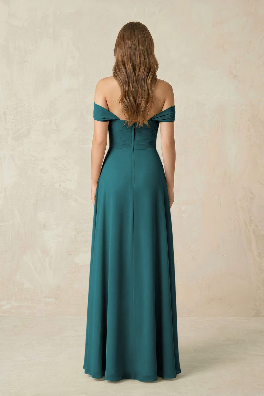 Off - the - Shoulder A - Line Chiffon Pleated Bridesmaid Dress in Pine - KISS BRIDAL Bridesmaid Dresses