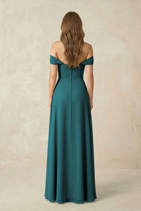 Off - the - Shoulder A - Line Chiffon Pleated Bridesmaid Dress in Pine - SHE IS ME Bridesmaid Dresses
