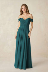 Off - the - Shoulder A - Line Chiffon Pleated Bridesmaid Dress in Pine - KISS BRIDAL Bridesmaid Dresses