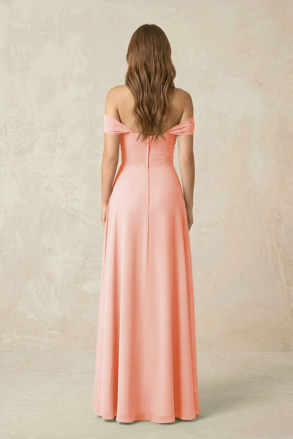 Off - the - Shoulder A - Line Chiffon Pleated Bridesmaid Dress in Rose Petal - SHE IS ME Bridesmaid Dresses