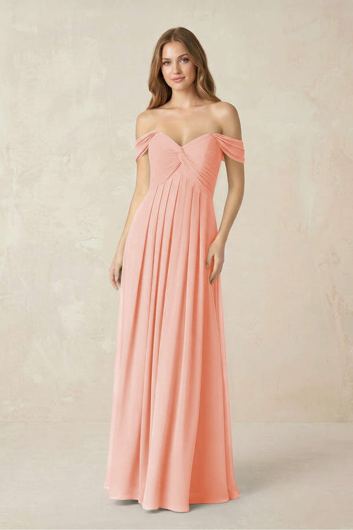 Off - the - Shoulder A - Line Chiffon Pleated Bridesmaid Dress in Rose Petal - SHE IS ME Bridesmaid Dresses