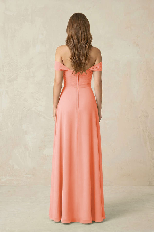 Off - the - Shoulder A - Line Chiffon Pleated Bridesmaid Dress in Rosette - SHE IS ME Bridesmaid Dresses