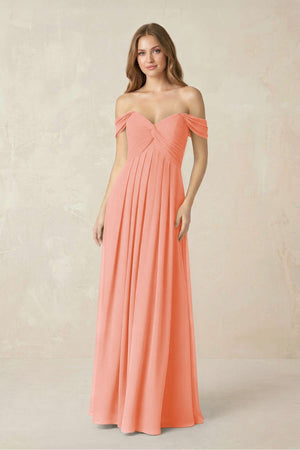 Off - the - Shoulder A - Line Chiffon Pleated Bridesmaid Dress in Rosette - SHE IS ME Bridesmaid Dresses