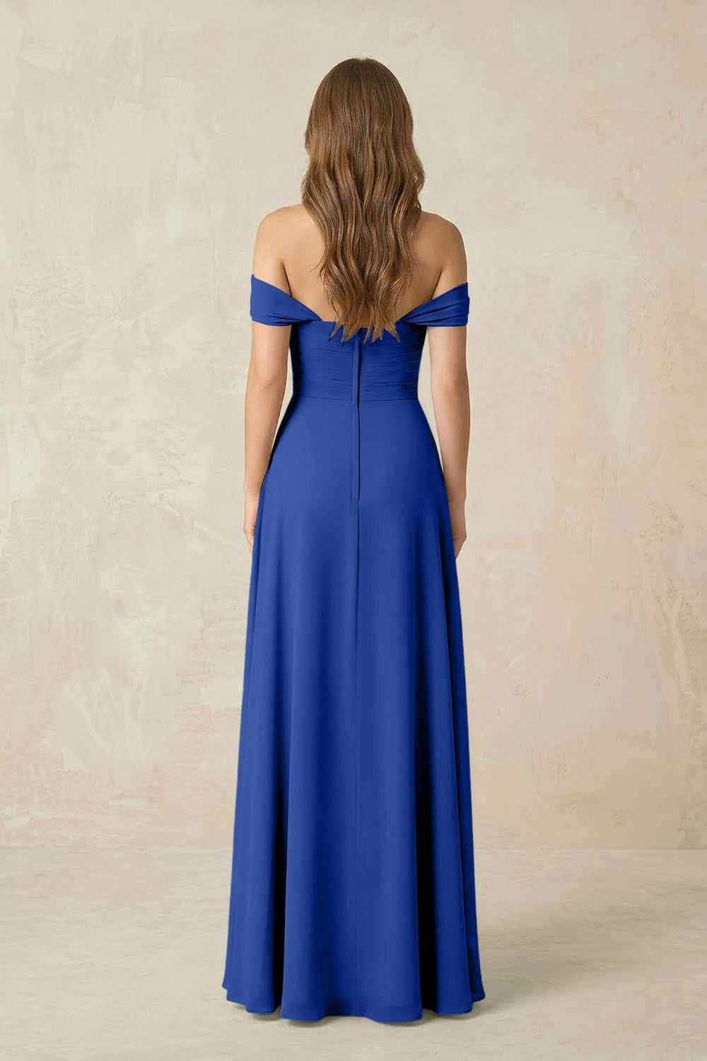 Off - the - Shoulder A - Line Chiffon Pleated Bridesmaid Dress in Royal Blue - KISS BRIDAL Bridesmaid Dresses