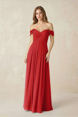Off - the - Shoulder A - Line Chiffon Pleated Bridesmaid Dress in Ruby Red - KISS BRIDAL Bridesmaid Dresses