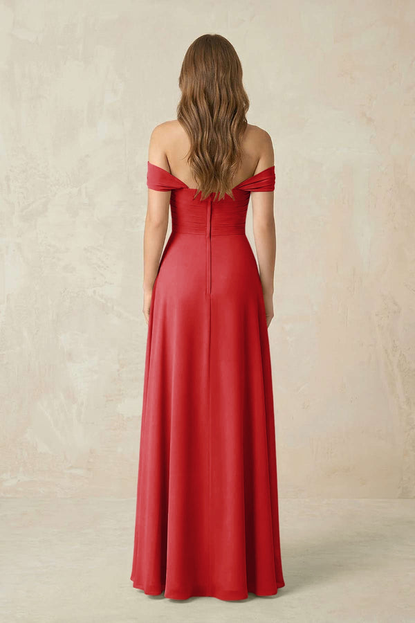 Off - the - Shoulder A - Line Chiffon Pleated Bridesmaid Dress in Ruby Red - SHE IS ME Bridesmaid Dresses