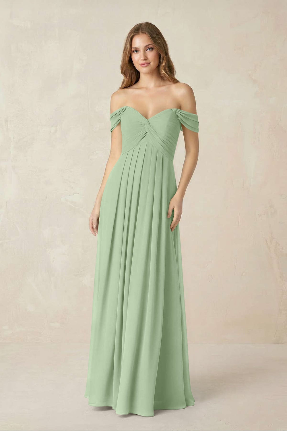 Off - the - Shoulder A - Line Chiffon Pleated Bridesmaid Dress in Sage - KISS BRIDAL Bridesmaid Dresses