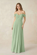 Off - the - Shoulder A - Line Chiffon Pleated Bridesmaid Dress in Sage - SHE IS ME Bridesmaid Dresses