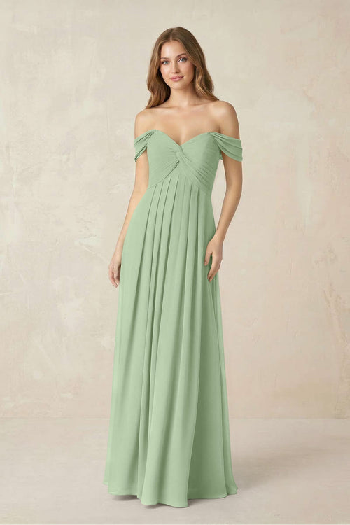Off - the - Shoulder A - Line Chiffon Pleated Bridesmaid Dress in Sage - SHE IS ME Bridesmaid Dresses