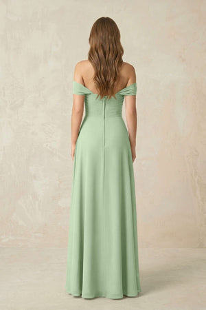 Off - the - Shoulder A - Line Chiffon Pleated Bridesmaid Dress in Sage - SHE IS ME Bridesmaid Dresses