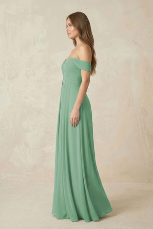 Off - the - Shoulder A - Line Chiffon Pleated Bridesmaid Dress in Sea Glass - SHE IS ME Bridesmaid Dresses