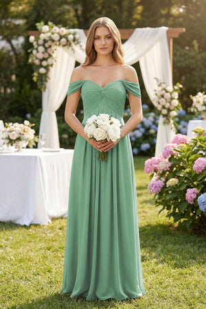 Off - the - Shoulder A - Line Chiffon Pleated Bridesmaid Dress in Sea Glass - SHE IS ME Bridesmaid Dresses
