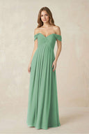 Off - the - Shoulder A - Line Chiffon Pleated Bridesmaid Dress in Sea Glass - SHE IS ME Bridesmaid Dresses