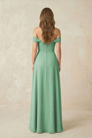 Off - the - Shoulder A - Line Chiffon Pleated Bridesmaid Dress in Sea Glass - SHE IS ME Bridesmaid Dresses