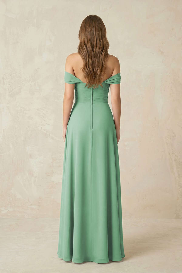Off - the - Shoulder A - Line Chiffon Pleated Bridesmaid Dress in Sea Glass - SHE IS ME Bridesmaid Dresses
