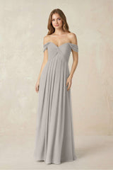 Off - the - Shoulder A - Line Chiffon Pleated Bridesmaid Dress in Silver - KISS BRIDAL Bridesmaid Dresses