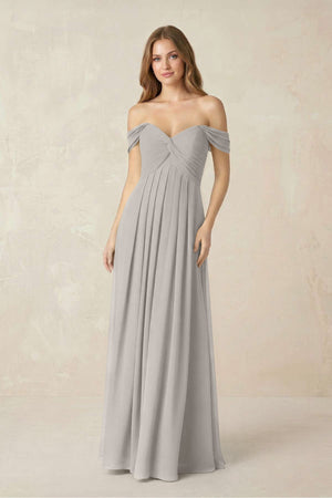 Off - the - Shoulder A - Line Chiffon Pleated Bridesmaid Dress in Silver - SHE IS ME Bridesmaid Dresses