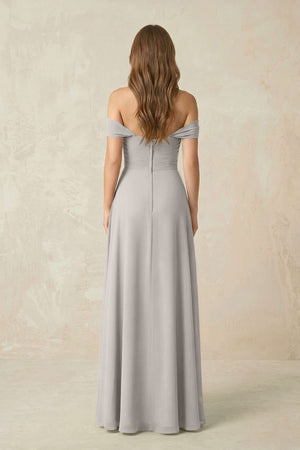 Off - the - Shoulder A - Line Chiffon Pleated Bridesmaid Dress in Silver - SHE IS ME Bridesmaid Dresses
