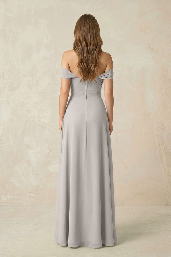 Off - the - Shoulder A - Line Chiffon Pleated Bridesmaid Dress in Silver - SHE IS ME Bridesmaid Dresses