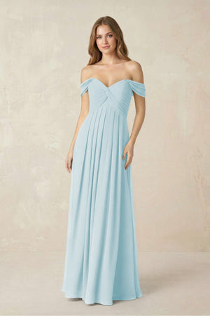 Off - the - Shoulder A - Line Chiffon Pleated Bridesmaid Dress in Sky Blue - SHE IS ME Bridesmaid Dresses