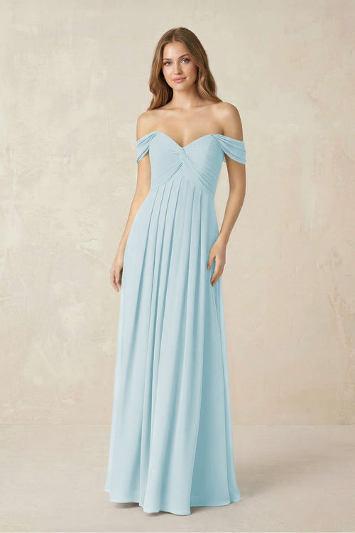 Off - the - Shoulder A - Line Chiffon Pleated Bridesmaid Dress in Sky Blue - SHE IS ME Bridesmaid Dresses