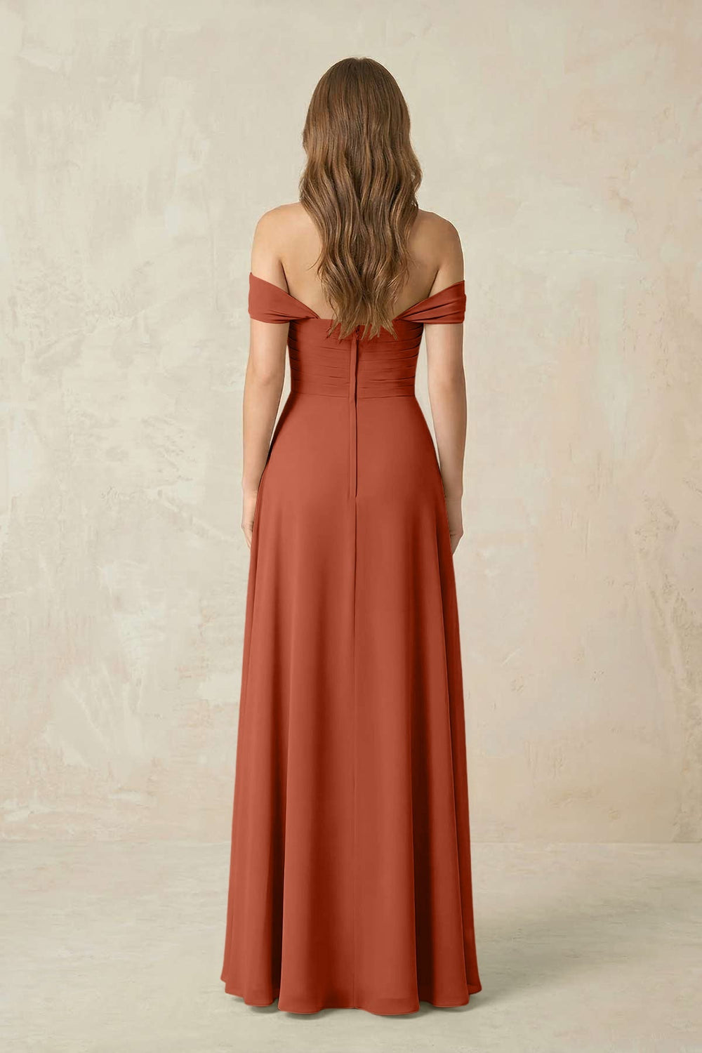 Off - the - Shoulder A - Line Chiffon Pleated Bridesmaid Dress in Spice - KISS BRIDAL Bridesmaid Dresses