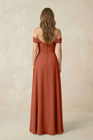Off - the - Shoulder A - Line Chiffon Pleated Bridesmaid Dress in Spice - SHE IS ME Bridesmaid Dresses