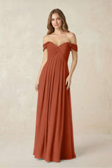 Off - the - Shoulder A - Line Chiffon Pleated Bridesmaid Dress in Spice - KISS BRIDAL Bridesmaid Dresses