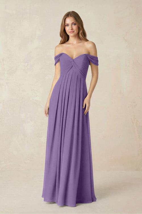 Off - the - Shoulder A - Line Chiffon Pleated Bridesmaid Dress in Tahiti - SHE IS ME Bridesmaid Dresses