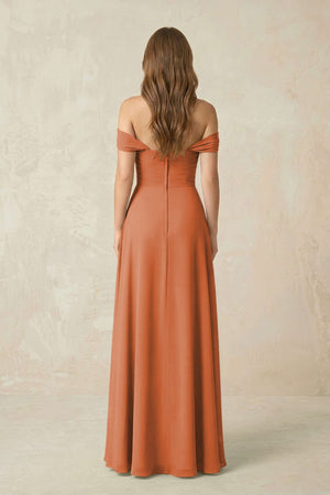 Off - the - Shoulder A - Line Chiffon Pleated Bridesmaid Dress in Terracotta - SHE IS ME Bridesmaid Dresses
