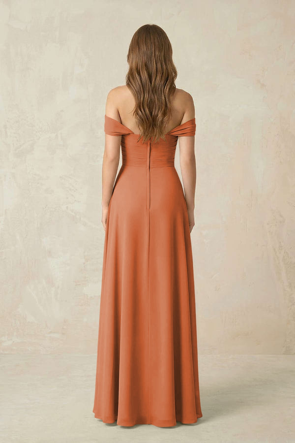 Off - the - Shoulder A - Line Chiffon Pleated Bridesmaid Dress in Terracotta - SHE IS ME Bridesmaid Dresses