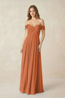 Off - the - Shoulder A - Line Chiffon Pleated Bridesmaid Dress in Terracotta - SHE IS ME Bridesmaid Dresses