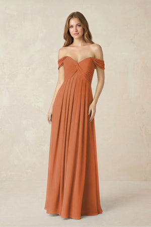 Off - the - Shoulder A - Line Chiffon Pleated Bridesmaid Dress in Terracotta - SHE IS ME Bridesmaid Dresses