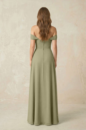 Off - the - Shoulder A - Line Chiffon Pleated Bridesmaid Dress in Thyme - SHE IS ME Bridesmaid Dresses