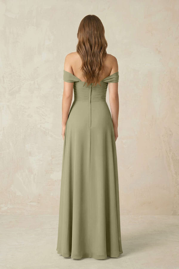 Off - the - Shoulder A - Line Chiffon Pleated Bridesmaid Dress in Thyme - SHE IS ME Bridesmaid Dresses