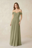 Off - the - Shoulder A - Line Chiffon Pleated Bridesmaid Dress in Thyme - SHE IS ME Bridesmaid Dresses