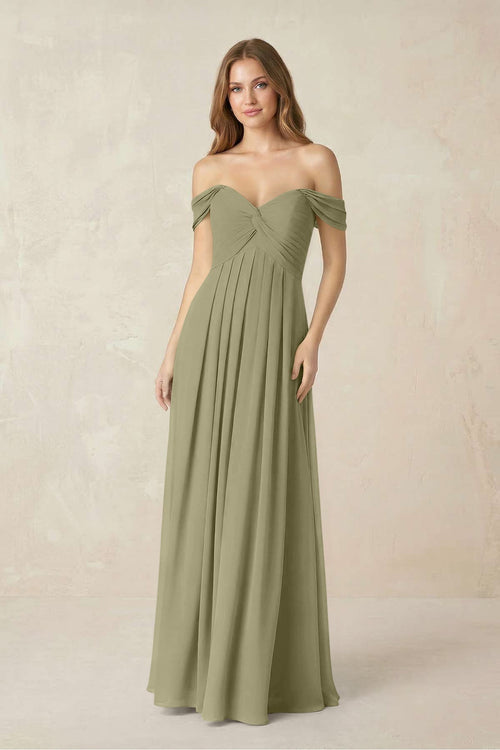 Off - the - Shoulder A - Line Chiffon Pleated Bridesmaid Dress in Thyme - SHE IS ME Bridesmaid Dresses