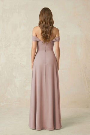 Off-the-Shoulder A-Line Chiffon Pleated Bridesmaid Dress in Toffee (2) | KISSBRIDAL