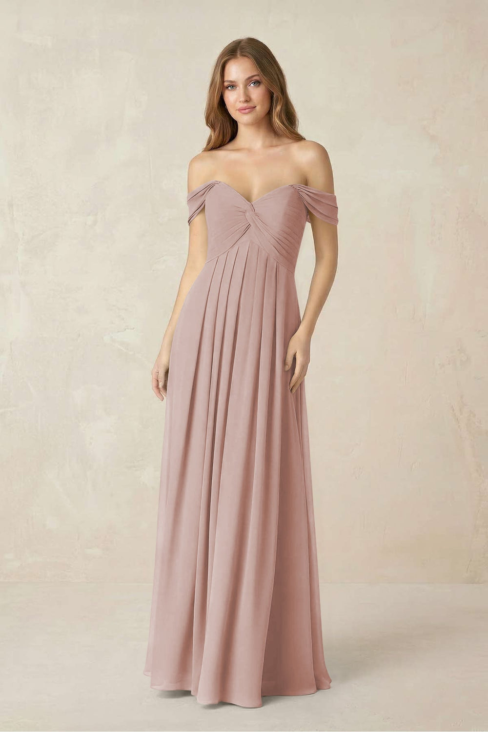 Off - the - Shoulder A - Line Chiffon Pleated Bridesmaid Dress in Toffee - KISS BRIDAL Bridesmaid Dresses