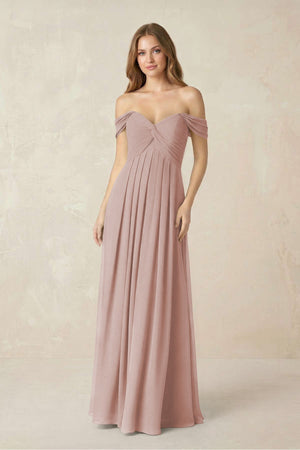 Off - the - Shoulder A - Line Chiffon Pleated Bridesmaid Dress in Toffee - SHE IS ME Bridesmaid Dresses