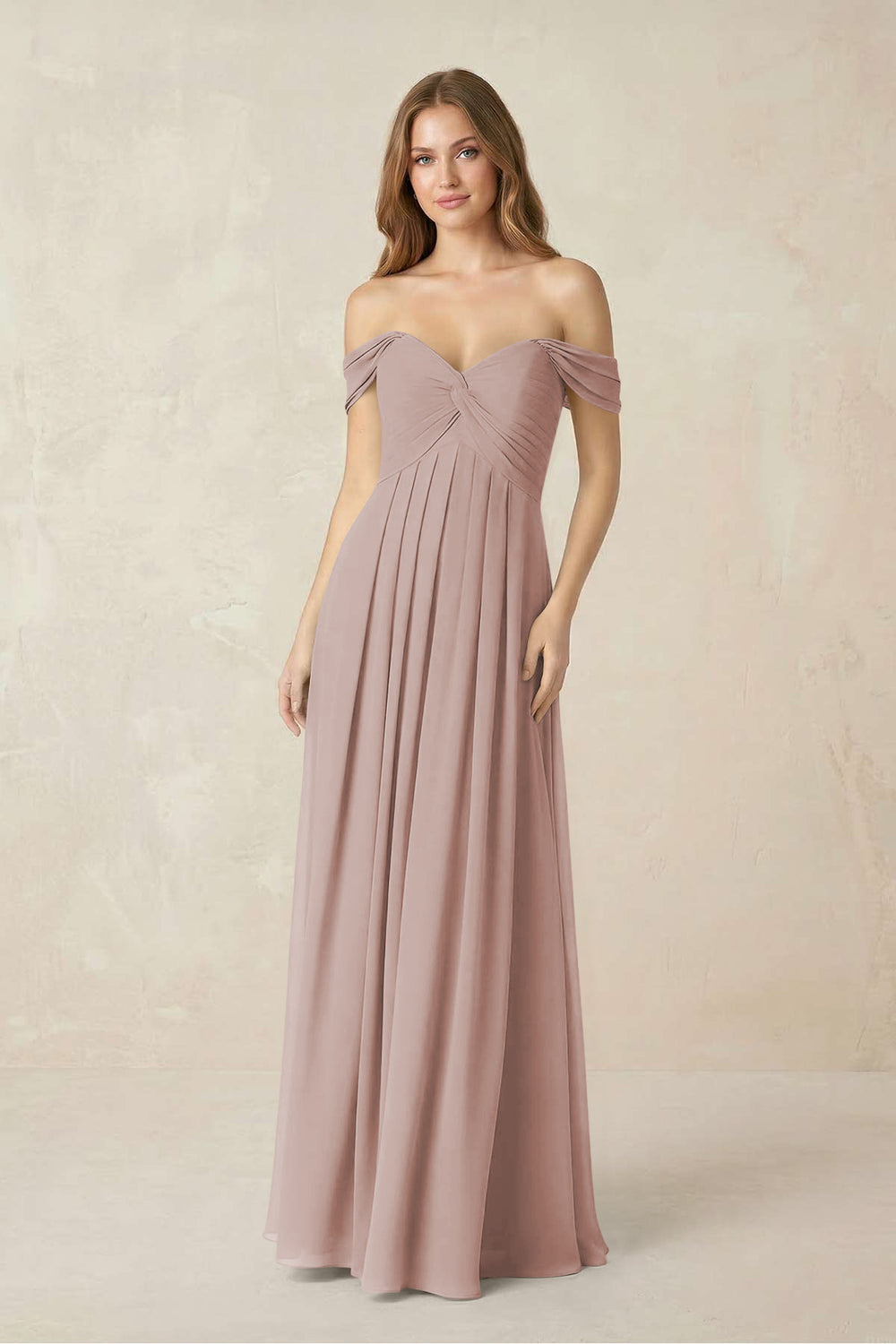 Off-the-Shoulder A-Line Chiffon Pleated Bridesmaid Dress in Toffee